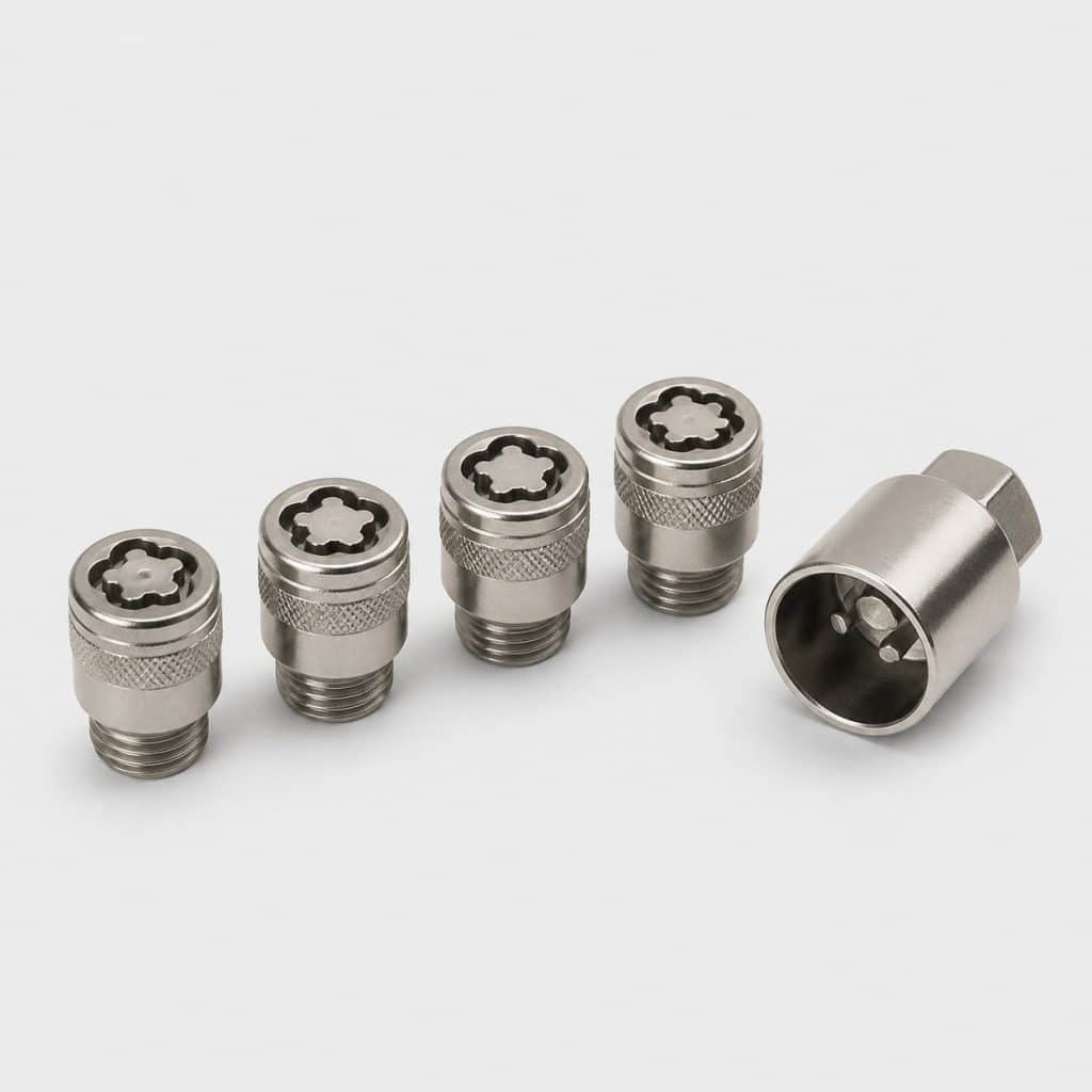 Jeu de quatre bouchons de valve antivol avec clé de dévissage