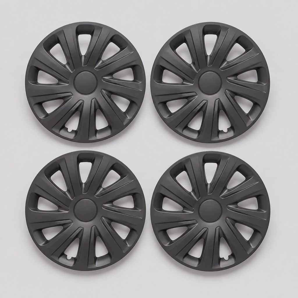 Jeu de 4 enjoliveurs 15 pouces gris anthracite présentés ensemble