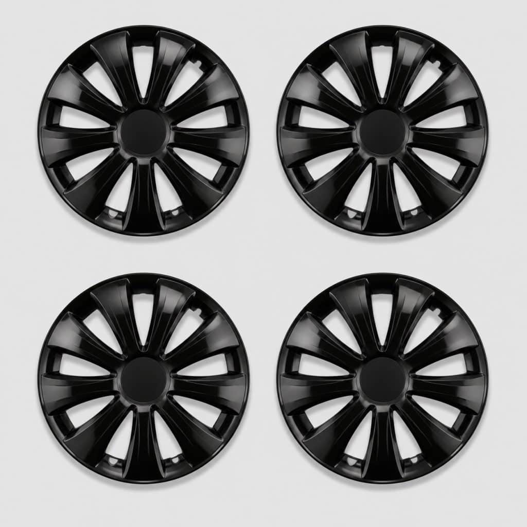 Jeu de 4 enjoliveurs 16 pouces noir brillant présentés ensemble