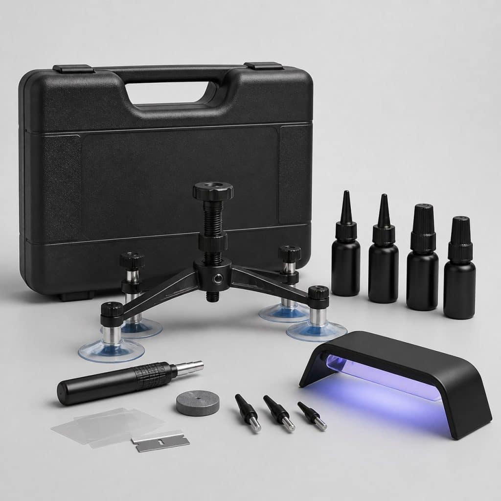 Kit professionnel de réparation résine présenté sur fond clair